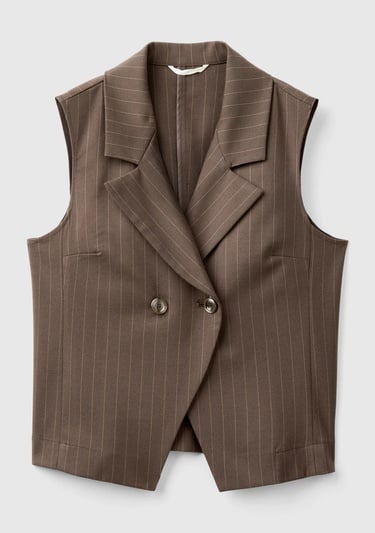  Kadın Taba Viskoz Karışımlı Düğmeli Çizgili Sivri Yaka Kruvaze Yelek