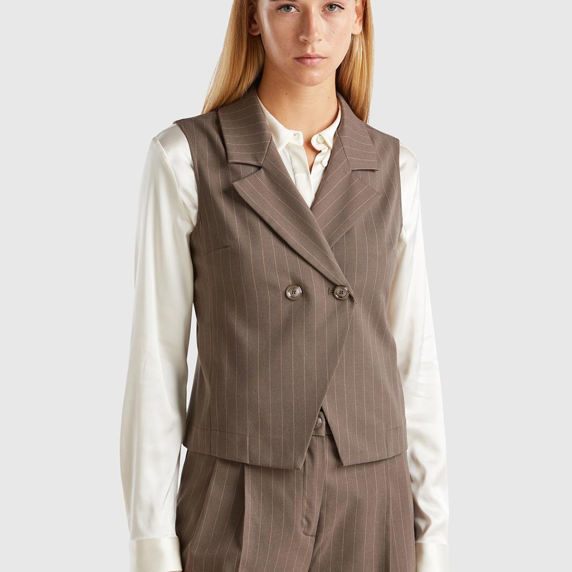 Kadın Taba Viskoz Karışımlı Düğmeli Çizgili Sivri Yaka Kruvaze Yelek