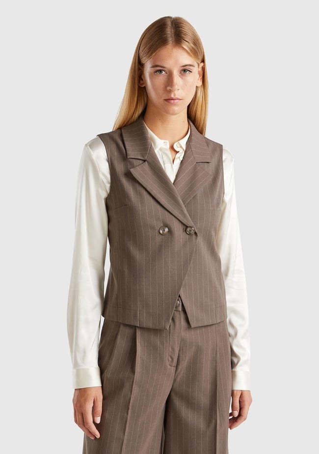  Kadın Taba Viskoz Karışımlı Düğmeli Çizgili Sivri Yaka Kruvaze Yelek