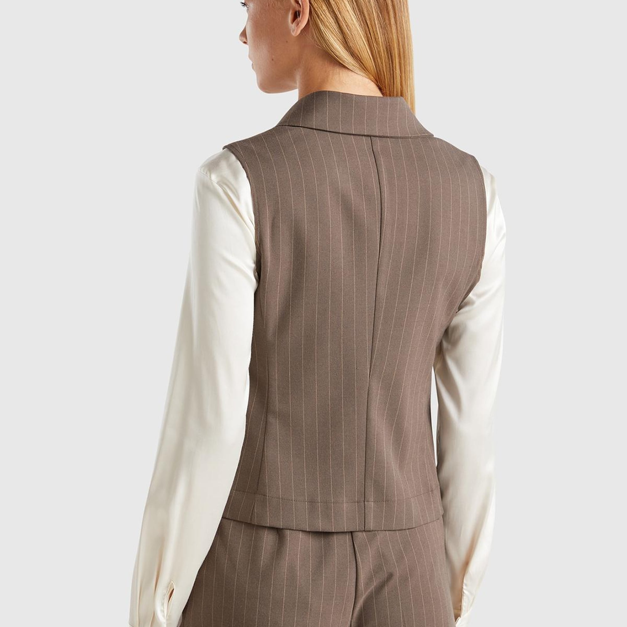 Kadın Taba Viskoz Karışımlı Düğmeli Çizgili Sivri Yaka Kruvaze Yelek