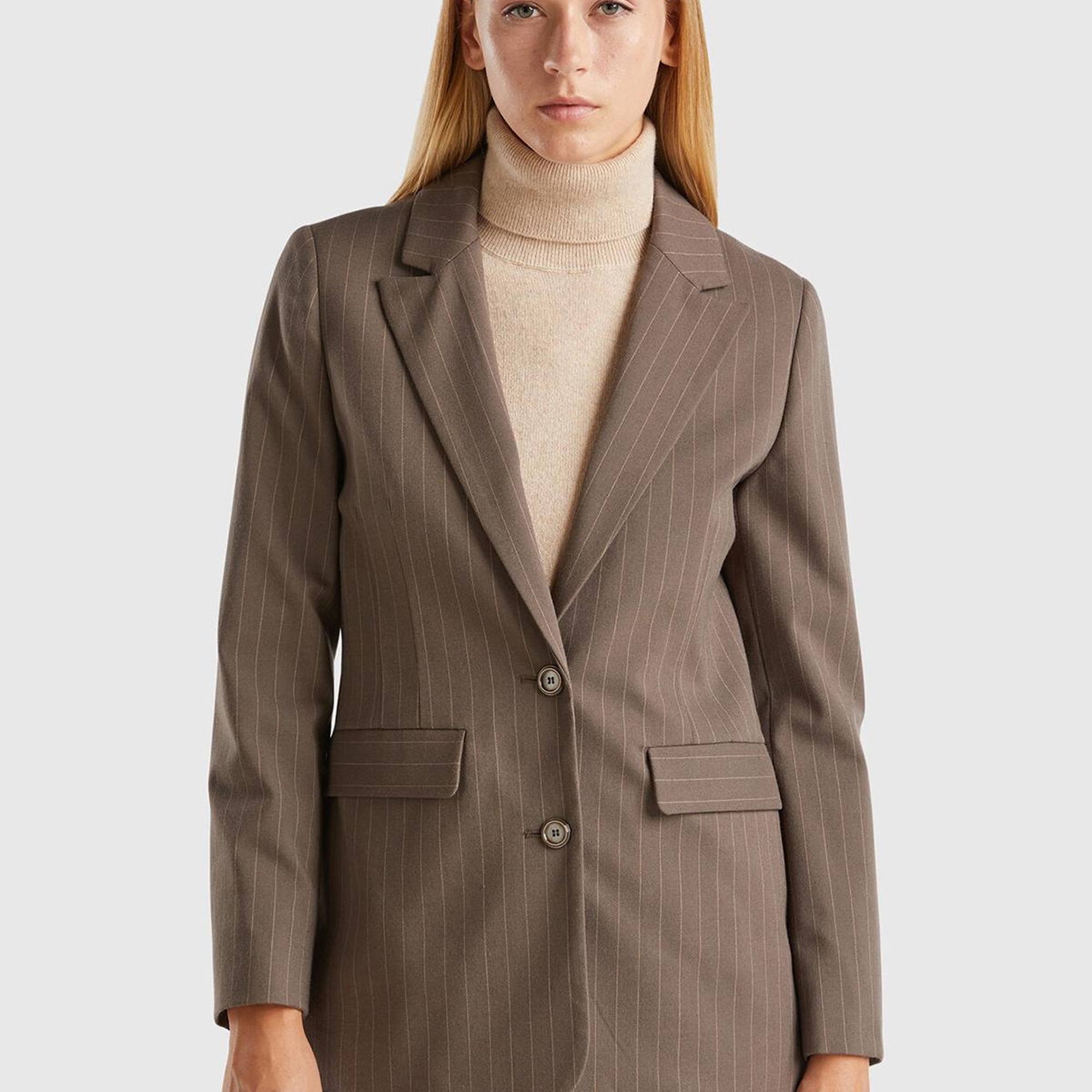 Kadın Taba Viskoz Karışımlı Düğme Kapamalı Çizgili Sivri Yaka Blazer Ceket