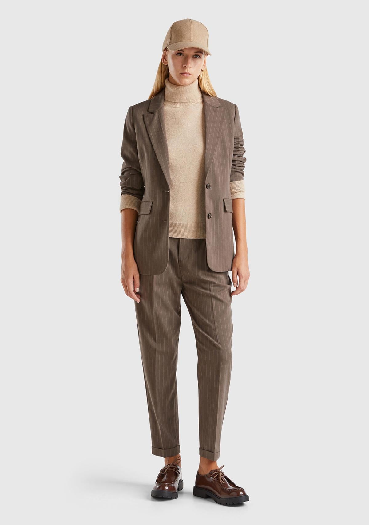  Kadın Taba Viskoz Karışımlı Düğme Kapamalı Çizgili Sivri Yaka Blazer Ceket