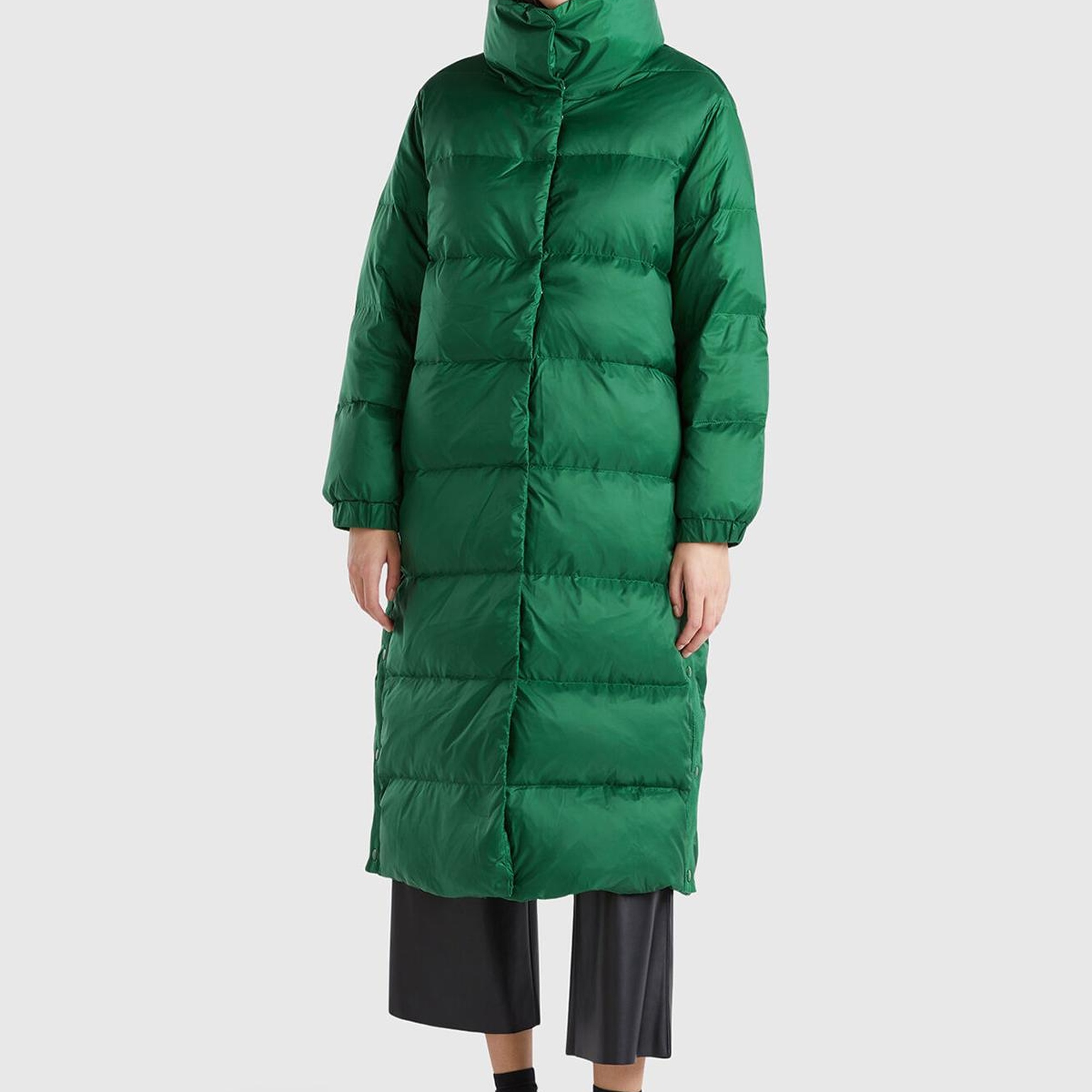 Kadın Yeşil Kaz Tüyü Dolgulu Düğme Kapamalı Yüksek Yaka Uzun Şişme Mont