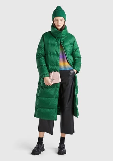  Kadın Yeşil Kaz Tüyü Dolgulu Düğme Kapamalı Yüksek Yaka Uzun Şişme Mont