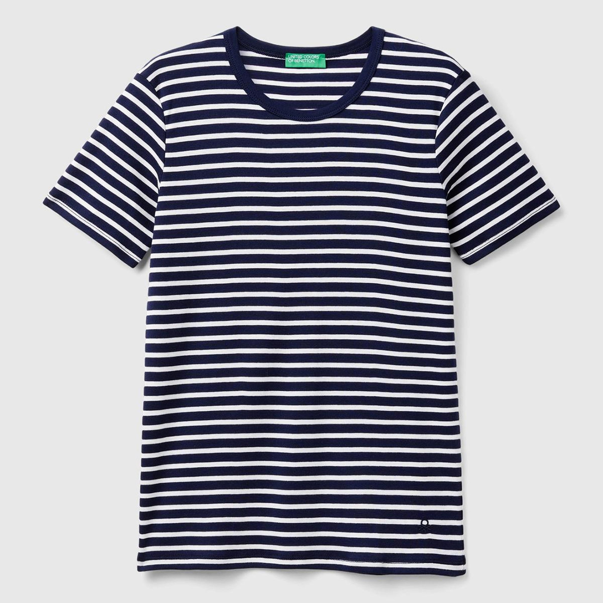 Kadın Lacivert %100 Pamuk Sol Altı Logolu Çizgili Yuvarlak Yaka T-Shirt