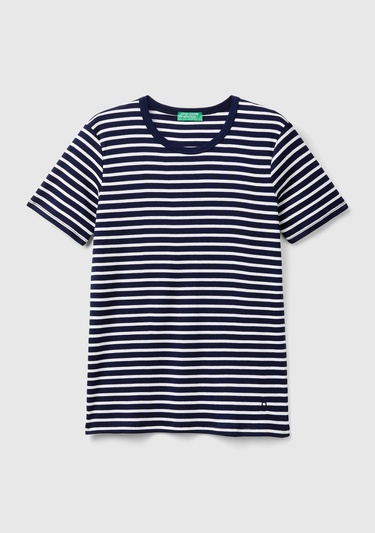  Kadın Lacivert %100 Pamuk Sol Altı Logolu Çizgili Yuvarlak Yaka T-Shirt