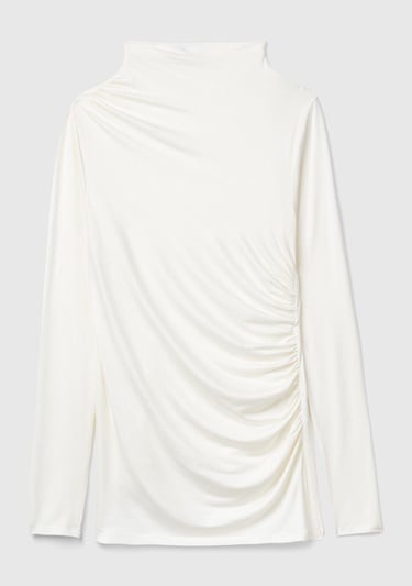  Kadın Krem Modal Karışımlı Omzu Büzgü Detaylı Yarım Balıkçı Yaka Sweatshirt