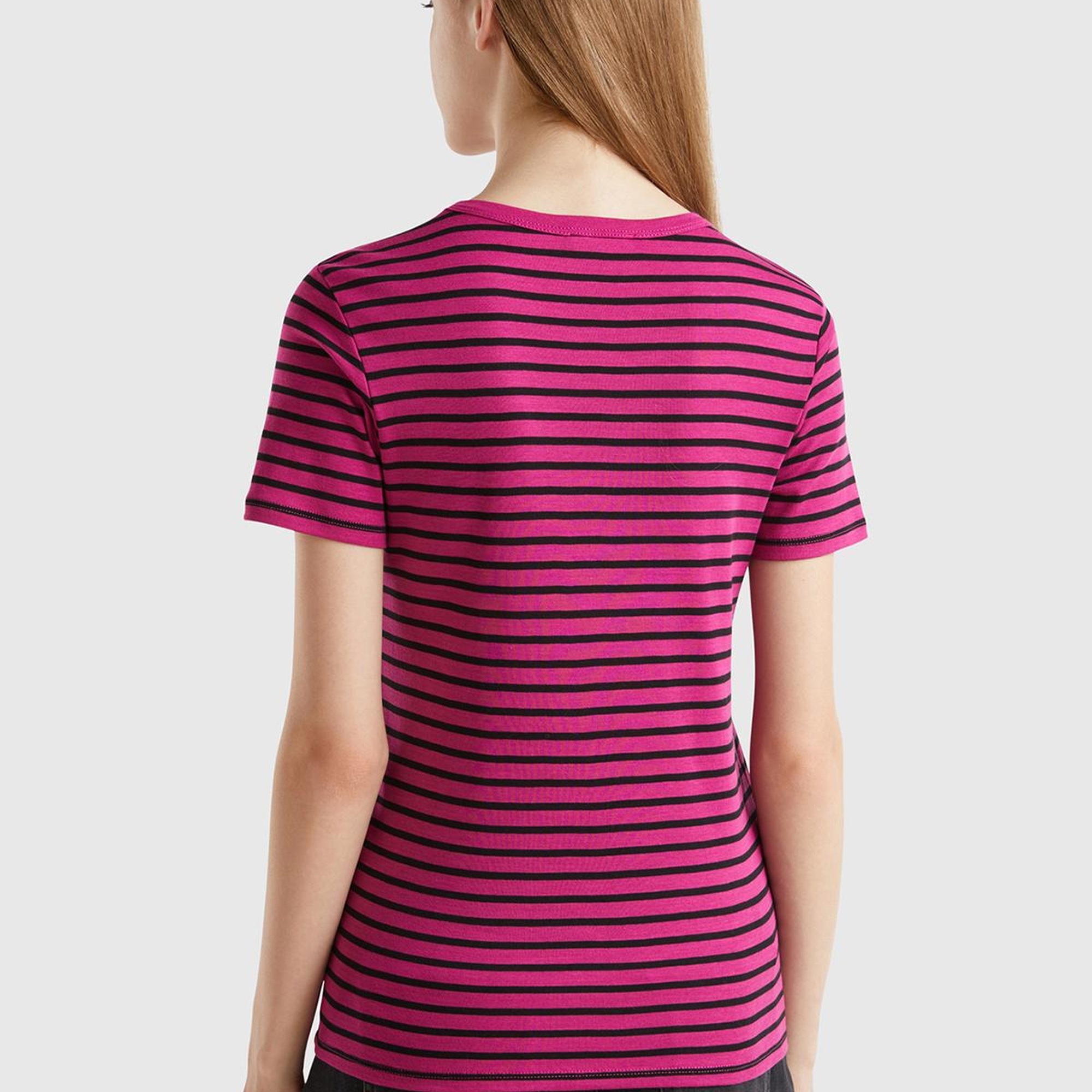 Kadın Mor Mix %100 Pamuk Sol Altı Logolu Çizgili Yuvarlak Yaka T-Shirt