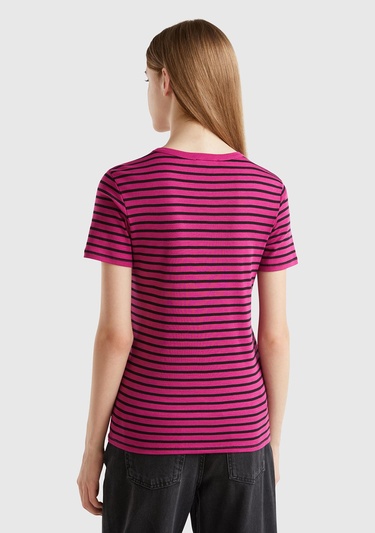  Kadın Mor Mix %100 Pamuk Sol Altı Logolu Çizgili Yuvarlak Yaka T-Shirt