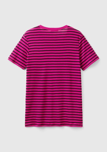  Kadın Mor Mix %100 Pamuk Sol Altı Logolu Çizgili Yuvarlak Yaka T-Shirt