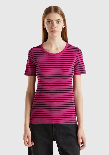  Kadın Mor Mix %100 Pamuk Sol Altı Logolu Çizgili Yuvarlak Yaka T-Shirt