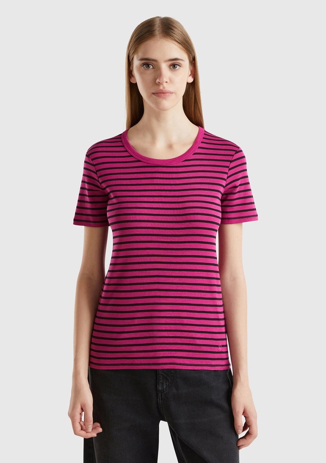  Kadın Mor Mix %100 Pamuk Sol Altı Logolu Çizgili Yuvarlak Yaka T-Shirt