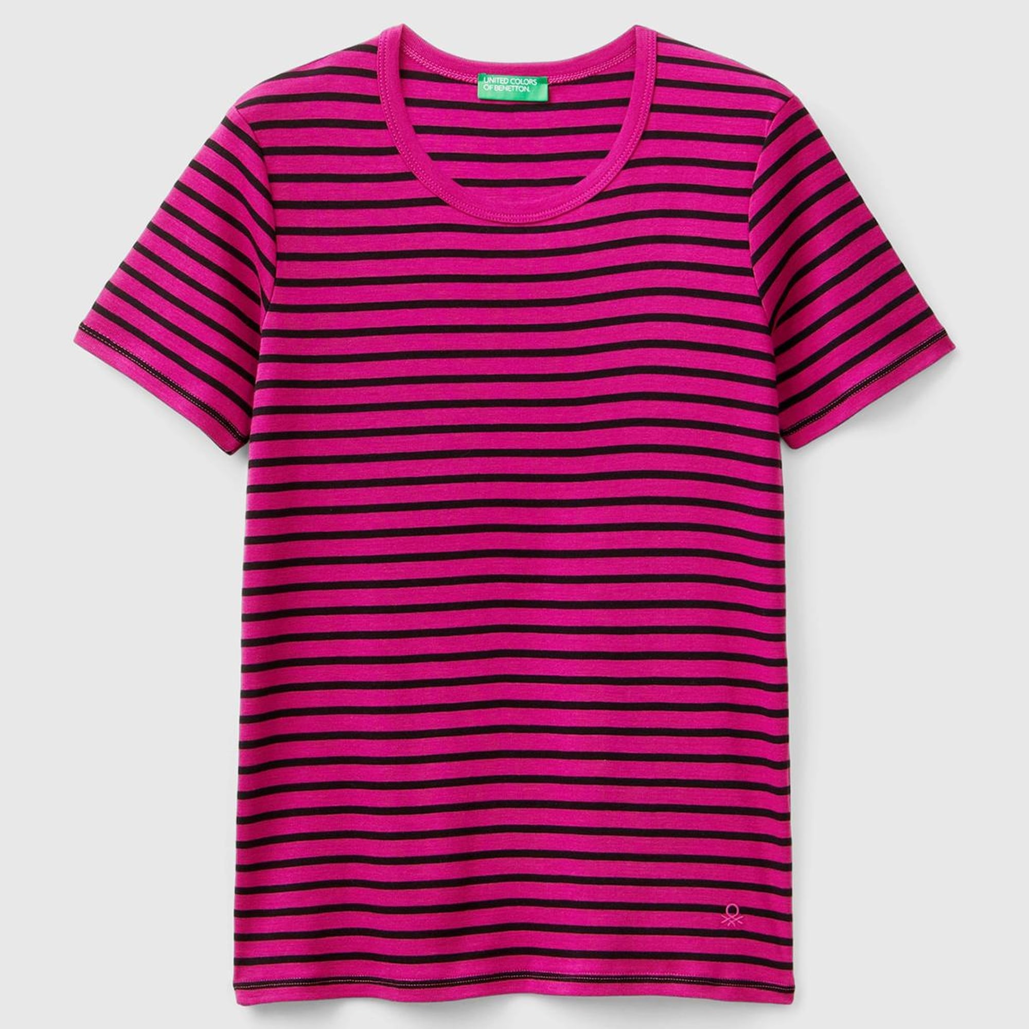 Kadın Mor Mix %100 Pamuk Sol Altı Logolu Çizgili Yuvarlak Yaka T-Shirt