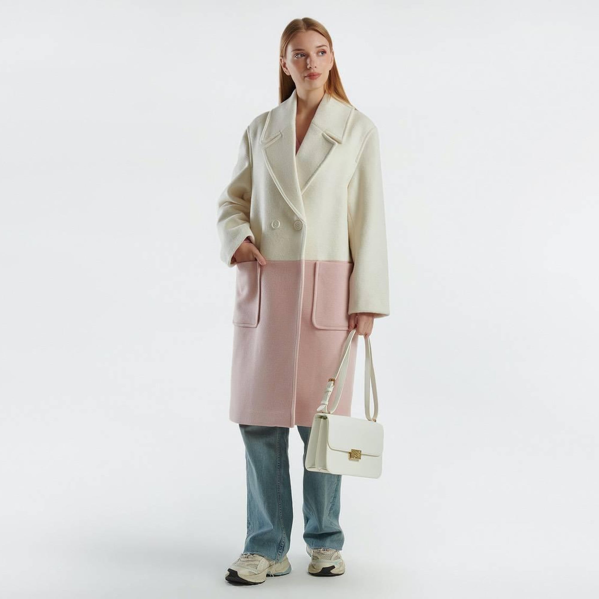 Kadın Krem Kontrast Renk Detaylı Yanları Cepli Tek Düğmeli Kaban