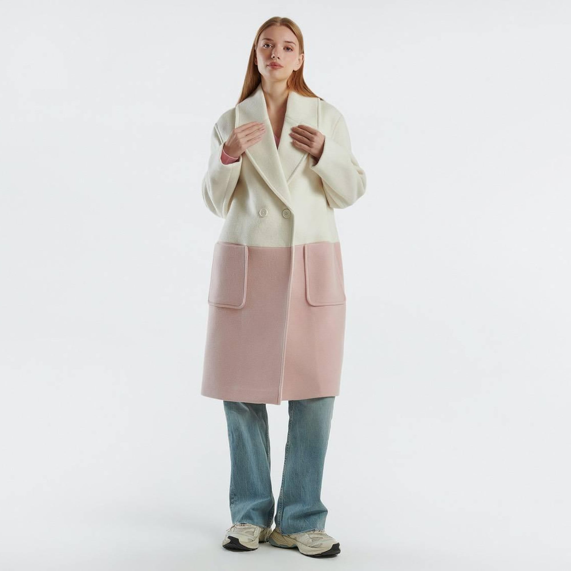 Kadın Krem Kontrast Renk Detaylı Yanları Cepli Tek Düğmeli Kaban