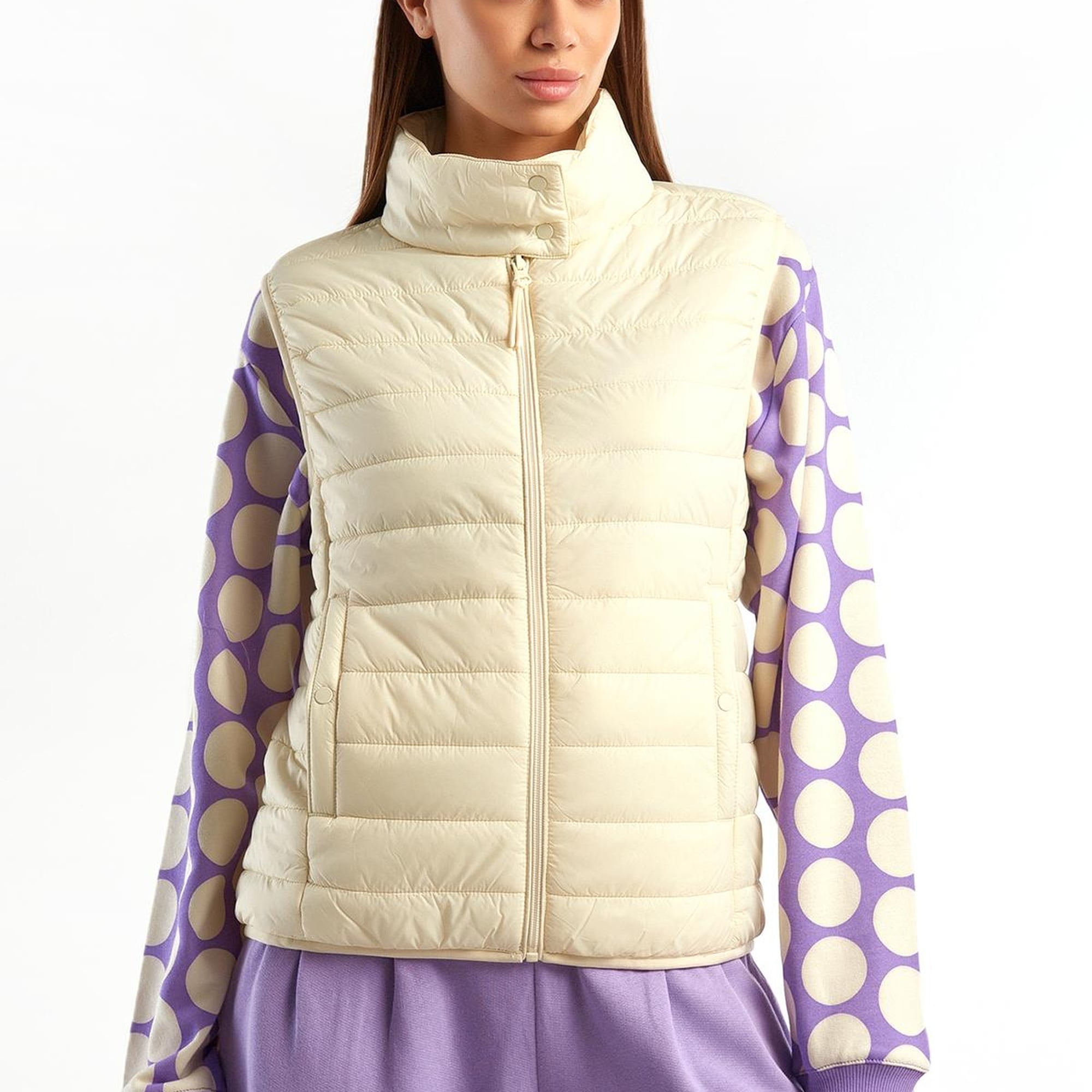 Kadın Krem Recycled Polyester Dolgulu  Pufa Yelek