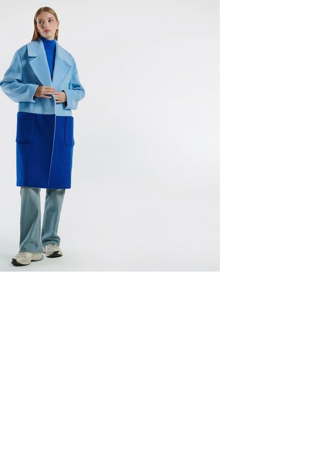  Kadın Turkuaz Kontrast Renk Detaylı Yanları Cepli Tek Düğmeli Kaban