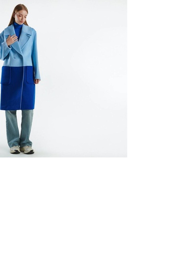  Kadın Turkuaz Kontrast Renk Detaylı Yanları Cepli Tek Düğmeli Kaban