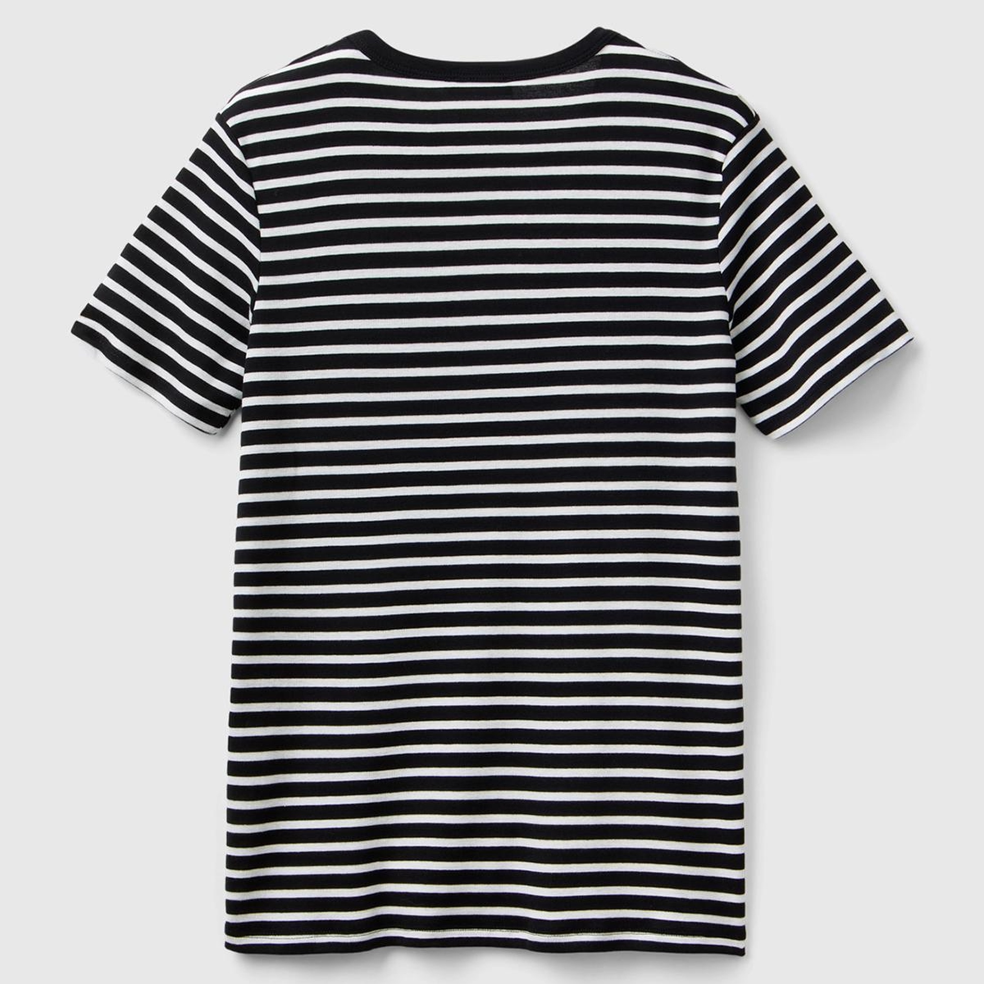 Kadın Siyah %100 Pamuk Sol Altı Logolu Çizgili Yuvarlak Yaka T-Shirt