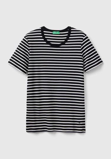  Kadın Siyah %100 Pamuk Sol Altı Logolu Çizgili Yuvarlak Yaka T-Shirt