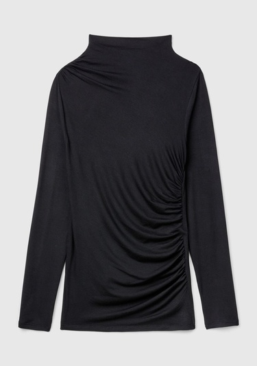  Kadın Siyah Modal Karışımlı Omzu Büzgü Detaylı Yarım Balıkçı Yaka Sweatshirt