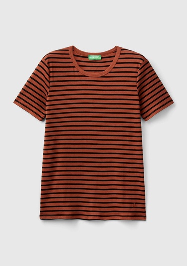  Kadın Kahverengi %100 Pamuk Sol Altı Logolu Çizgili Yuvarlak Yaka T-Shirt
