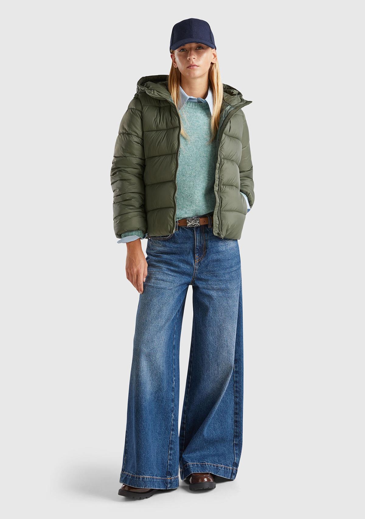  Kadın Yeşil Önü Cepli Fermuar Kapamalı Büzgü Kapüşonlu Mont