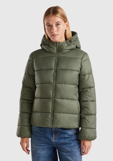  Kadın Yeşil Önü Cepli Fermuar Kapamalı Büzgü Kapüşonlu Mont