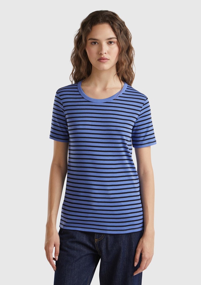  Kadın Mavi %100 Pamuk Sol Altı Logolu Çizgili Yuvarlak Yaka T-Shirt