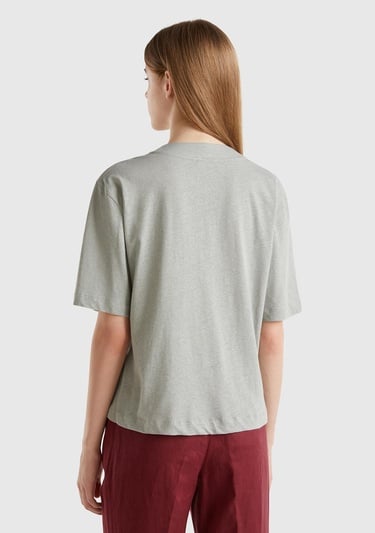  Kadın Gri Pamuk ve Keten Karışımlı Yarım Kollu V Yaka Hırka