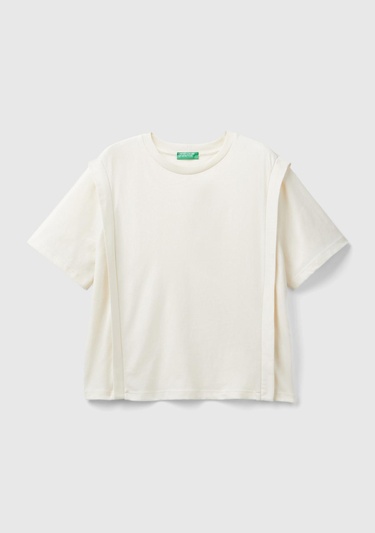  Kadın Krem %100 Pamuk Yarım Kollu Yuvarlak Yaka Düz T-Shirt