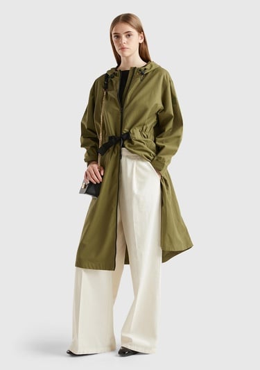  Kadın Haki Beli Büzgü İpli Kapüşonşlu Trençkot