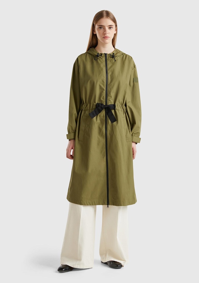  Kadın Haki Beli Büzgü İpli Kapüşonşlu Trençkot
