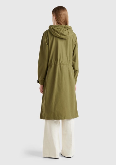  Kadın Haki Beli Büzgü İpli Kapüşonşlu Trençkot