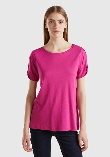  Kadın Fuşya Pamuk ve Modal Karışımlı Kol Detaylı Yuvarlak Yaka T-Shirt