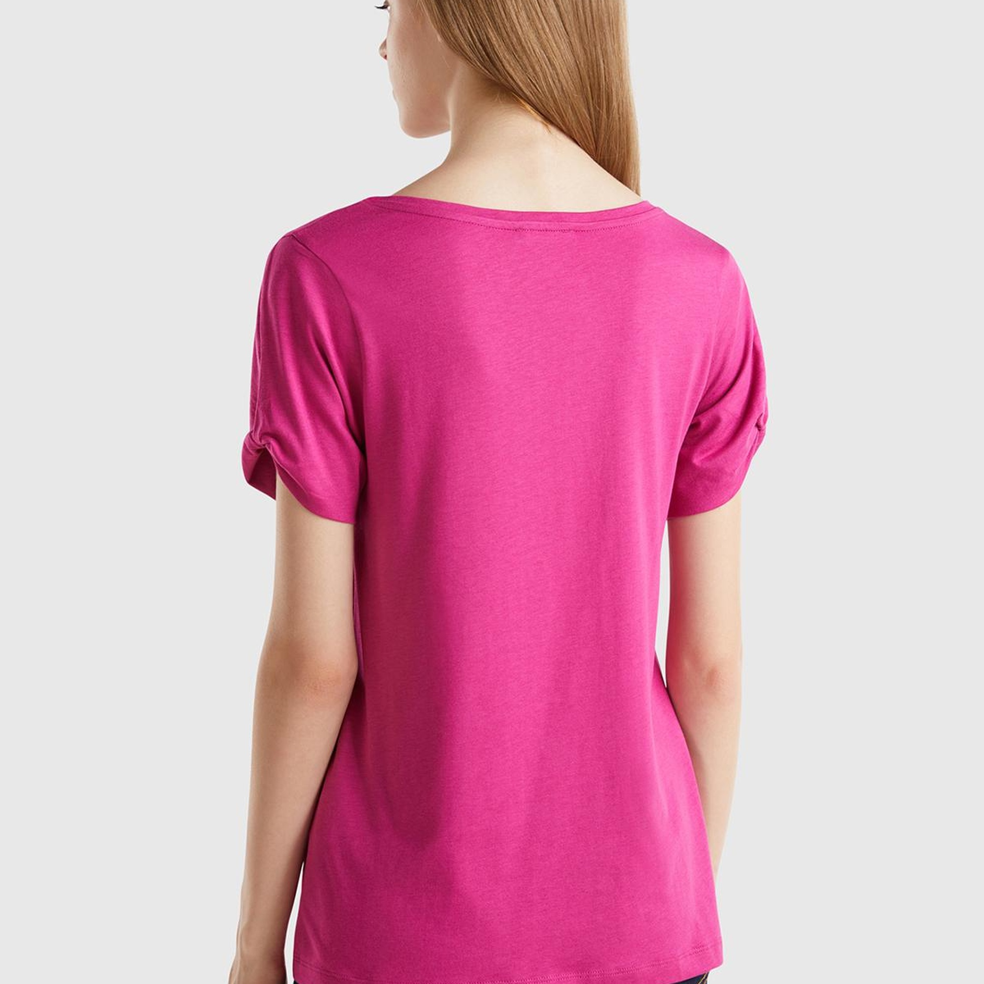 Kadın Fuşya Pamuk ve Modal Karışımlı Kol Detaylı Yuvarlak Yaka T-Shirt