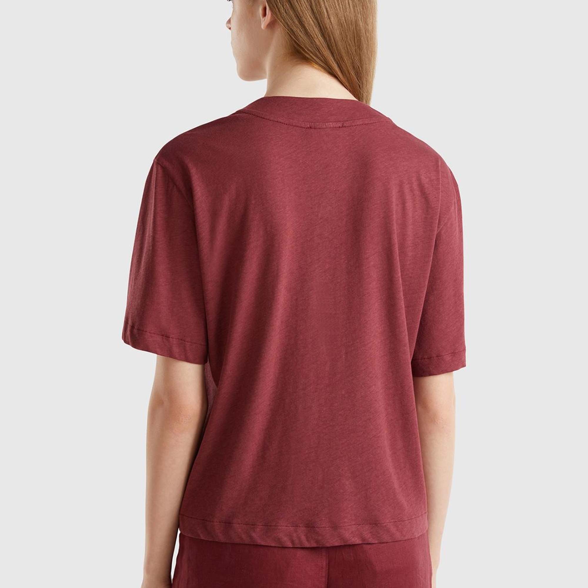 Kadın Bordo Pamuk ve Keten Karışımlı Yarım Kollu V Yaka Hırka