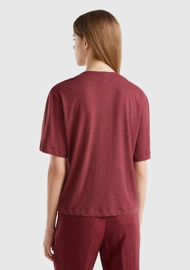  Kadın Bordo Pamuk ve Keten Karışımlı Yarım Kollu V Yaka Hırka