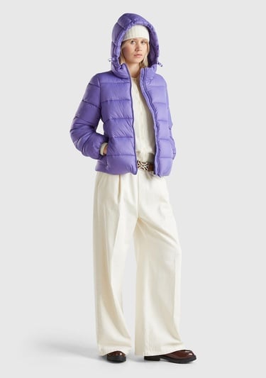  Kadın Mor Önü Cepli Fermuar Kapamalı Büzgü Kapüşonlu Mont