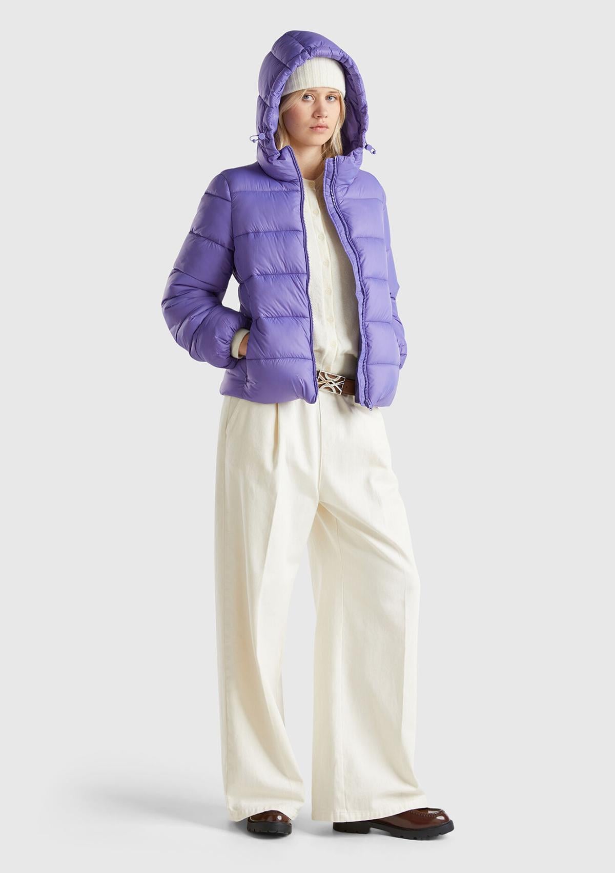  Kadın Mor Önü Cepli Fermuar Kapamalı Büzgü Kapüşonlu Mont