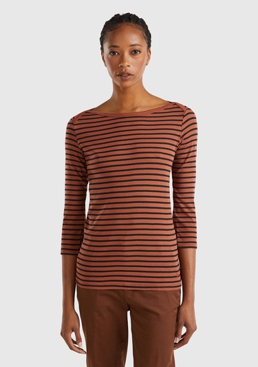  Kadın Kahverengi %100 Pamuk Sol Altı Logolu Uzun Kollu Kayık Yaka T-Shirt