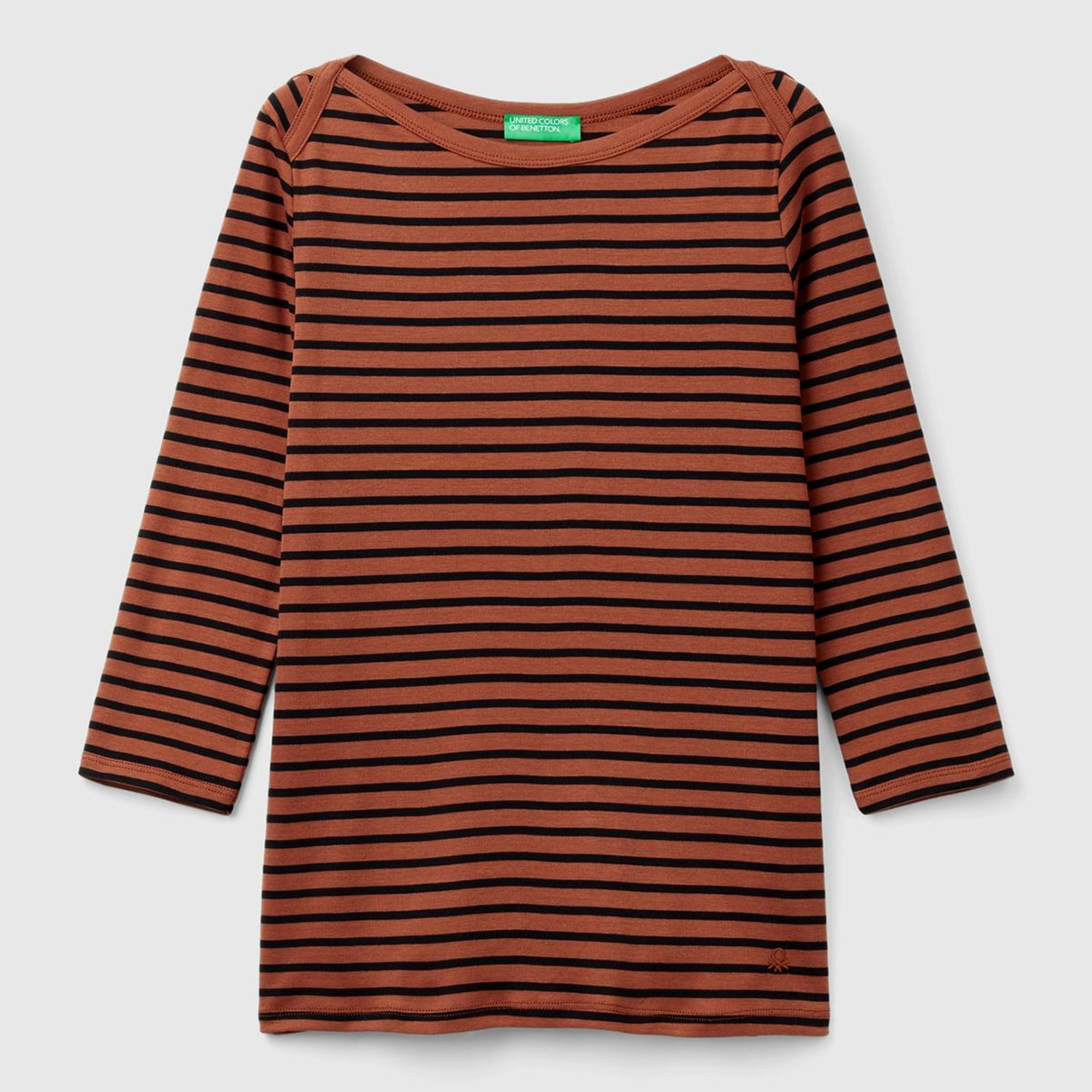 Kadın Kahverengi %100 Pamuk Sol Altı Logolu Uzun Kollu Kayık Yaka T-Shirt