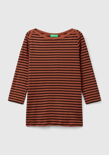  Kadın Kahverengi %100 Pamuk Sol Altı Logolu Uzun Kollu Kayık Yaka T-Shirt