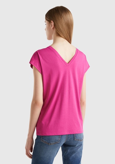 Kadın Fuşya %100 Pamuk Önü ve Arkası V Yaka Düz Kesim Kolsuz Sweatshirt