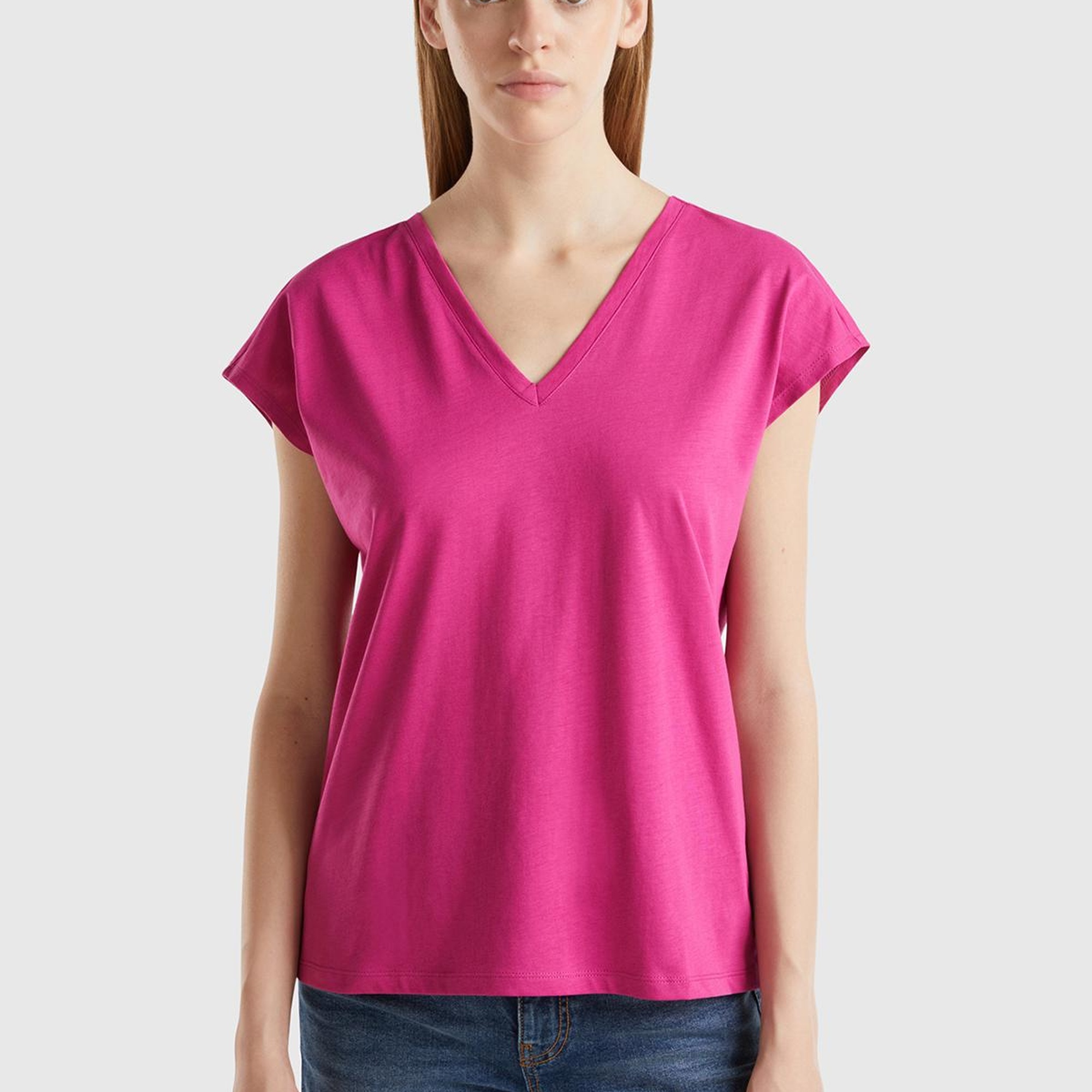 Kadın Fuşya %100 Pamuk Önü ve Arkası V Yaka Düz Kesim Kolsuz Sweatshirt