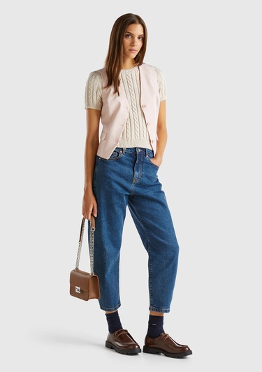  Kadın Toz Pembe Kapaklı Cep Tasarımı 3 Düğmeli V Yaka Yelek