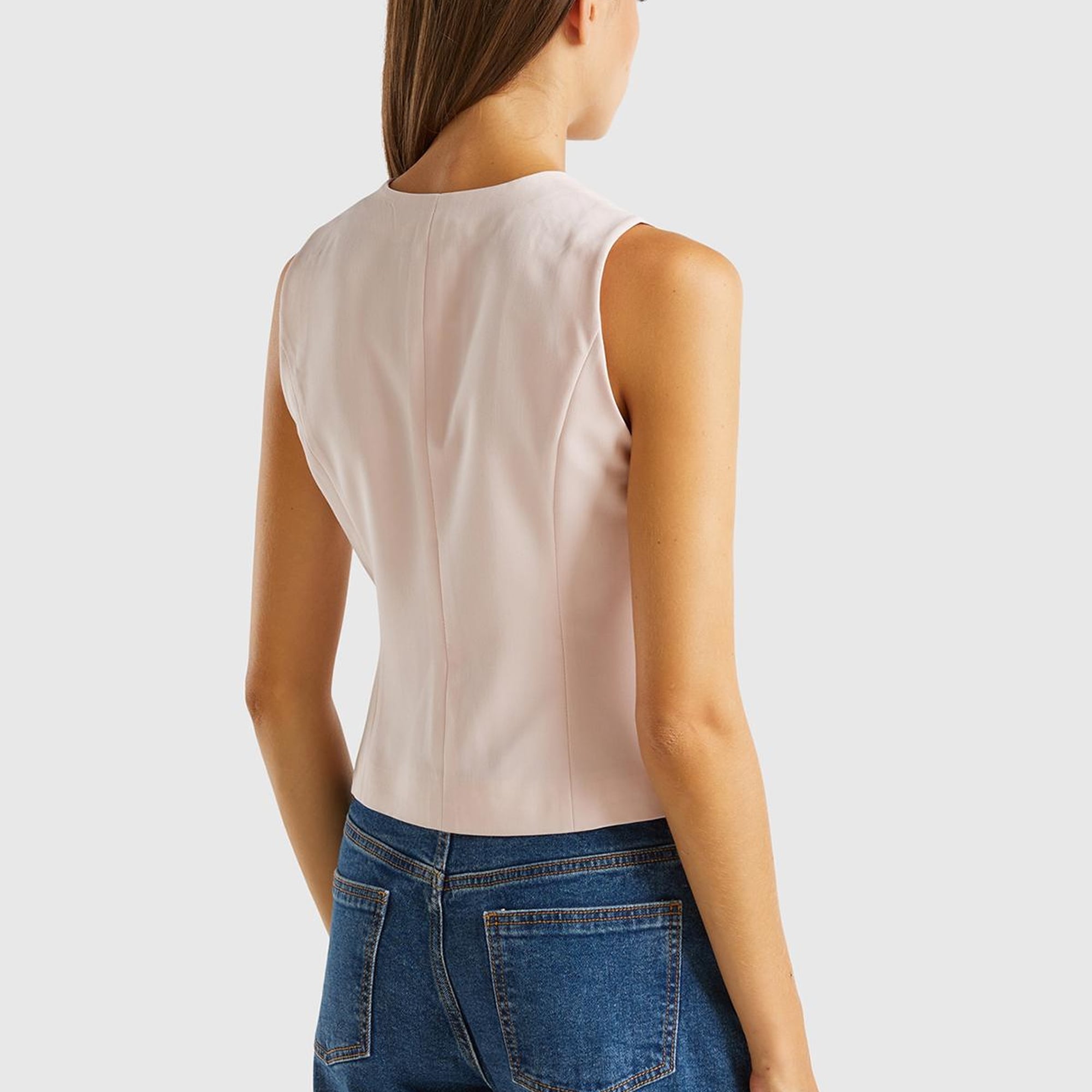 Kadın Toz Pembe Kapaklı Cep Tasarımı 3 Düğmeli V Yaka Yelek