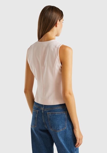  Kadın Toz Pembe Kapaklı Cep Tasarımı 3 Düğmeli V Yaka Yelek