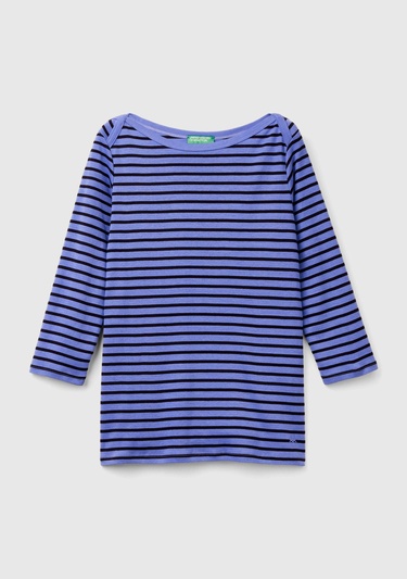  Kadın Mavi %100 Pamuk Sol Altı Logolu Uzun Kollu Kayık Yaka T-Shirt