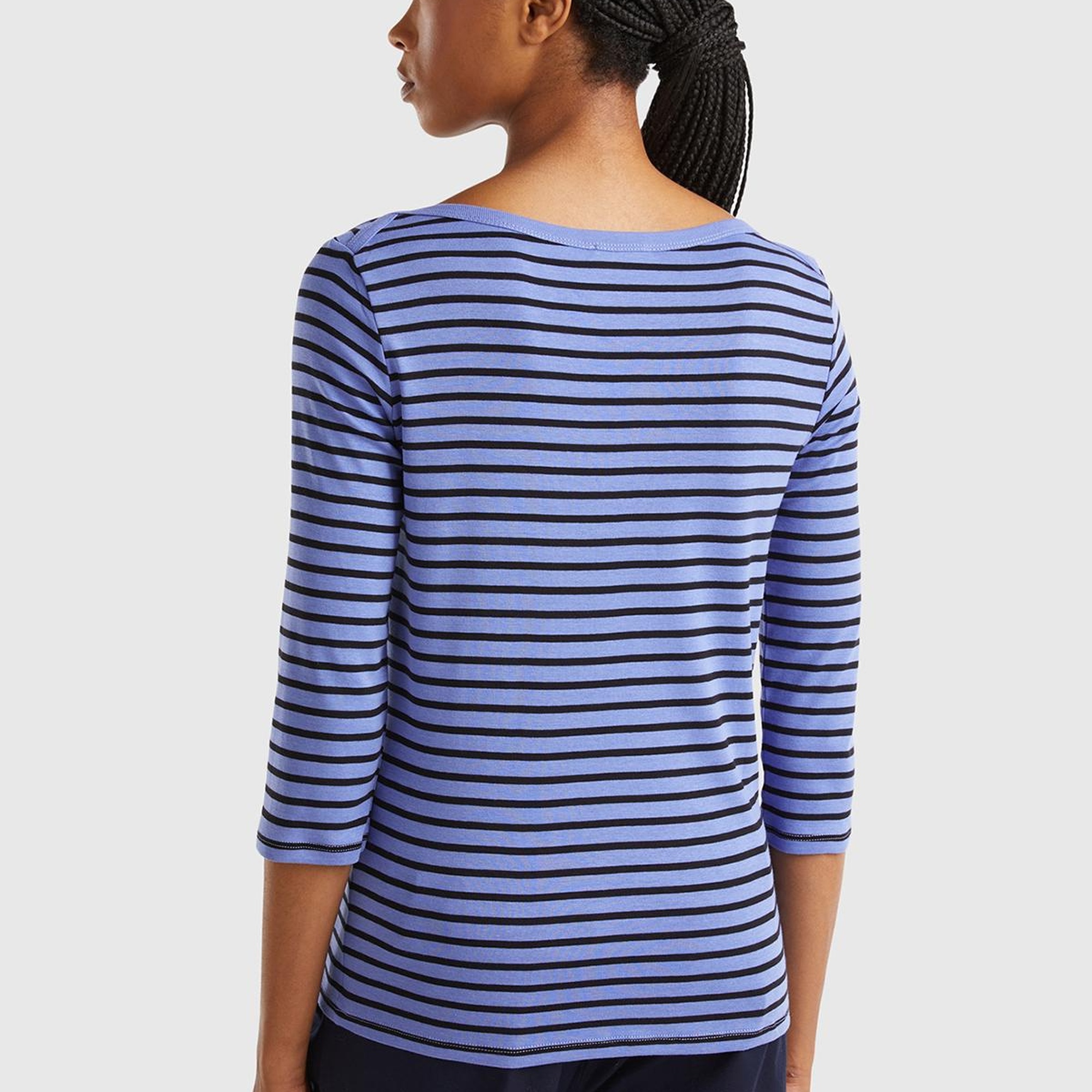 Kadın Mavi %100 Pamuk Sol Altı Logolu Uzun Kollu Kayık Yaka T-Shirt